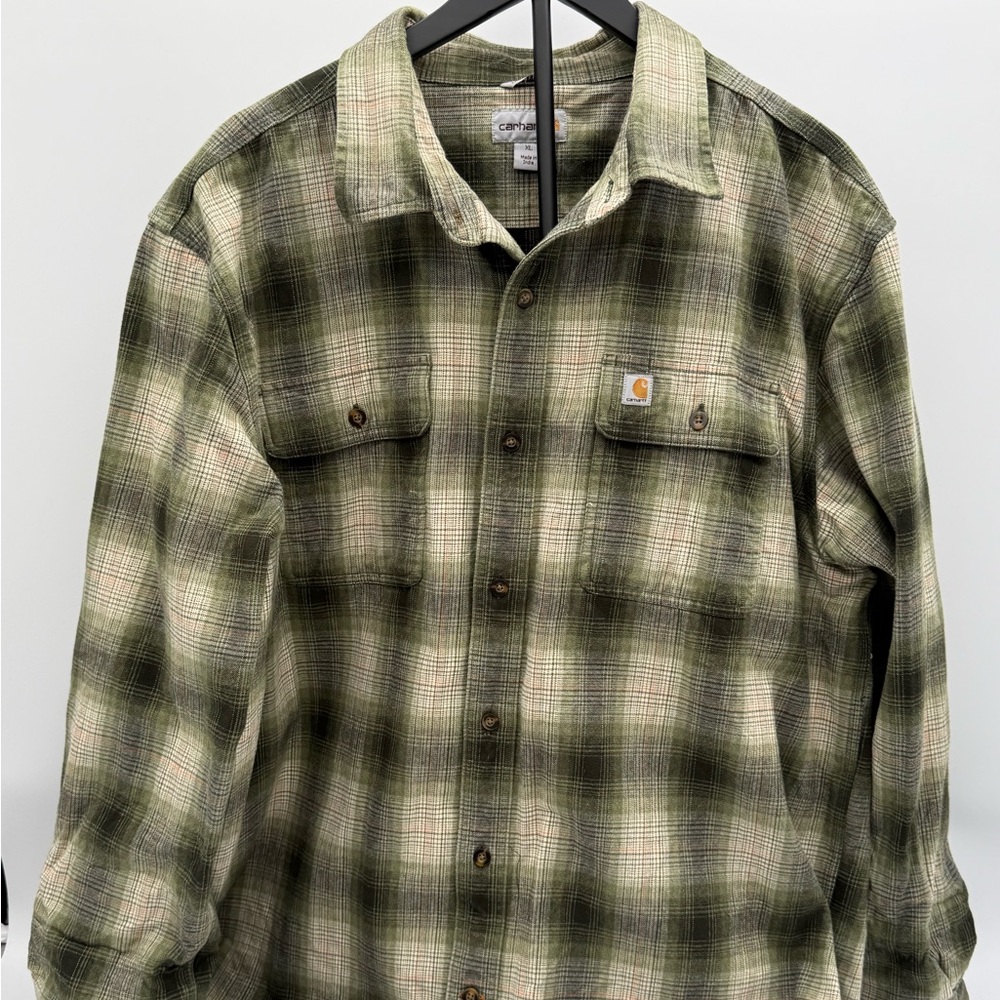 Carhartt Original Fit Green Plaid Flannel Shirt XL Button Down Logo Patch